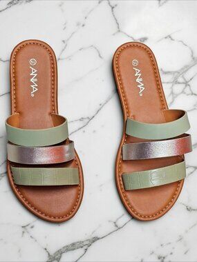Womens Triple Strap Slide Sandals With Metallic & Green Color
